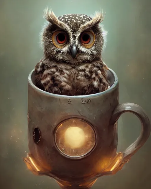 Image similar to long shot of a very cute owl chick nesting in a futuristic mug, esao andrews, humorous illustration, hyperrealistic, big depth of field, warm colors, night scenery, low light, 3 d octane render, 4 k, concept art, hyperdetailed, hyperrealistic, trending on artstation