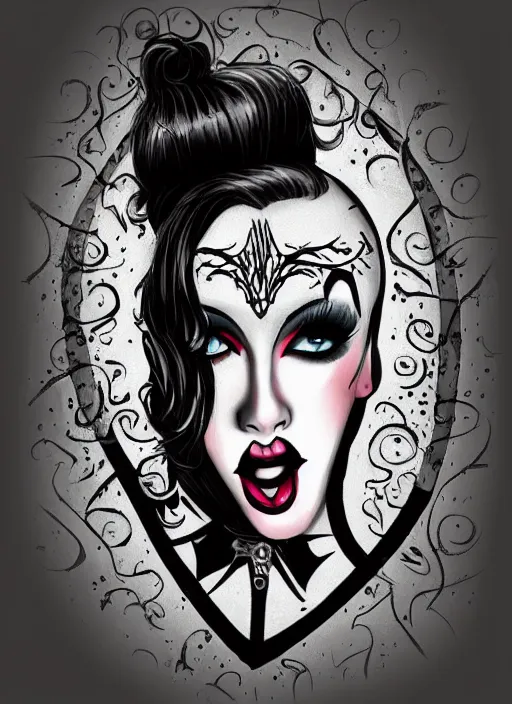 Prompt: goth girl burlesque psychobilly punk, detailed face, black background, drawing, illustration