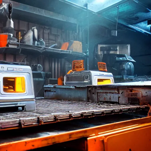 Image similar to toaster ovens on conveyor belt, dark messy smoke - filled cluttered workshop, dark, dramatic lighting, orange tint, sparks, cinematic, highly detailed, sci - fi, futuristic, movie still