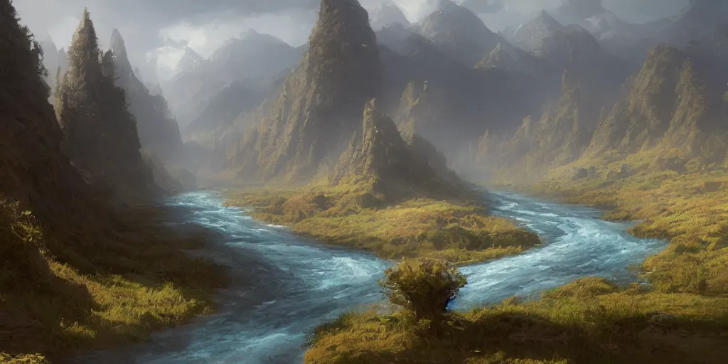 Image similar to A remote river valley, Concept art, 8k, james gurney, greg rutkowski, john howe, artstation