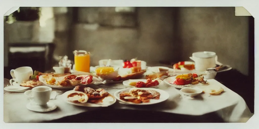 Image similar to a table with a delicious breakfast, morning light, old photo, polaroid