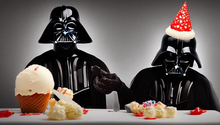 Prompt: darth vader wearing a birthday - hat eats icecream, photorealistic rendering, hyperdetailed, octane, redshift, atmospheric lighting, cinematic composition, wallpaper