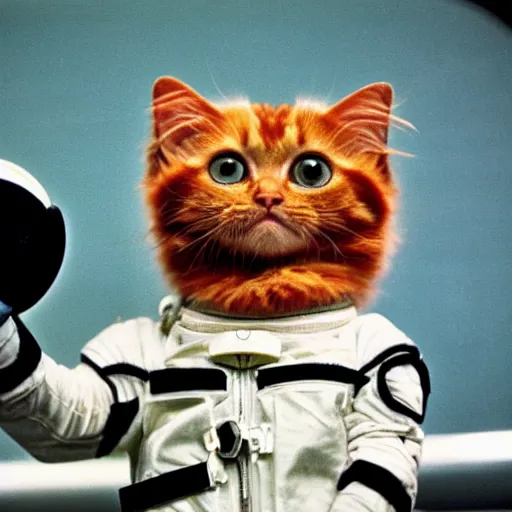 Prompt: 1 9 8 0's color photo of a cute angry ginger cat in spacesuit giving public speech