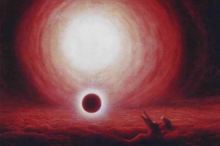 Image similar to people activate behelit in the middle of eclipse, human sacrifice , Old testament angel, dark sky, red cloud, sea of blood, beksinski