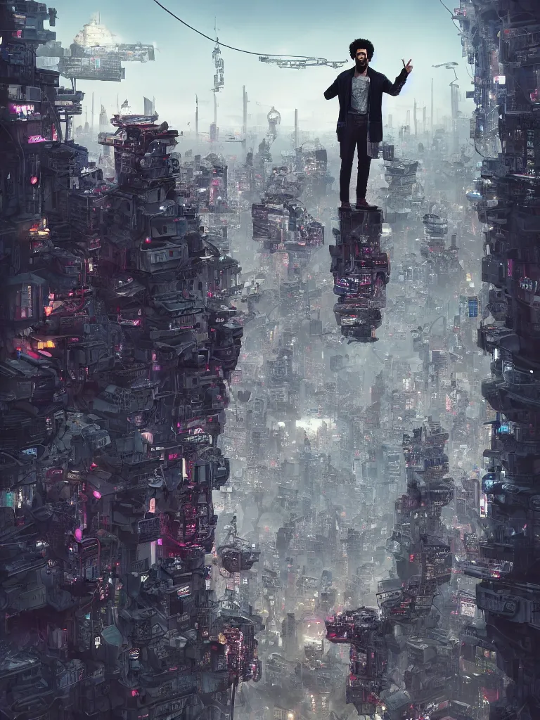 Image similar to a curly - haired persian guy standing on top of a building over a city, cyberpunk art by vincent lefevre, behance contest winner