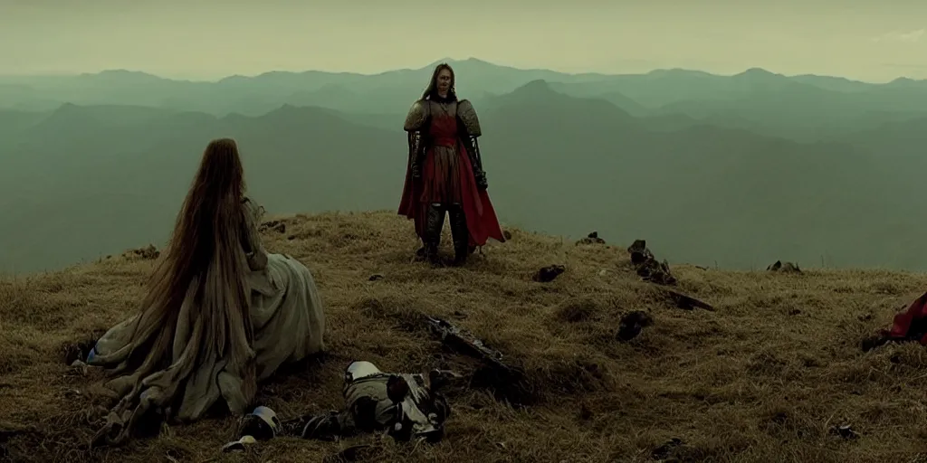 Image similar to film still of woman on a throne and knight standing below on a knee, on a mountain of dead knights by emmanuel lubezki