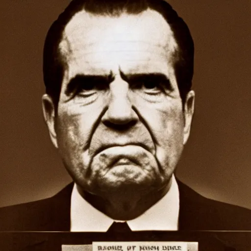 Prompt: mugshot of Richard Nixon holding prisoner number board