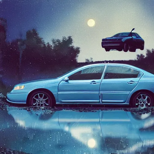 Image similar to 2003 blue Honda Accord leaking large puddle of oil onto driveway, midnight, moonlight, stark lighting, reflective puddle, pool, oil, by Scott Listfield and Mikko Lagerstedt