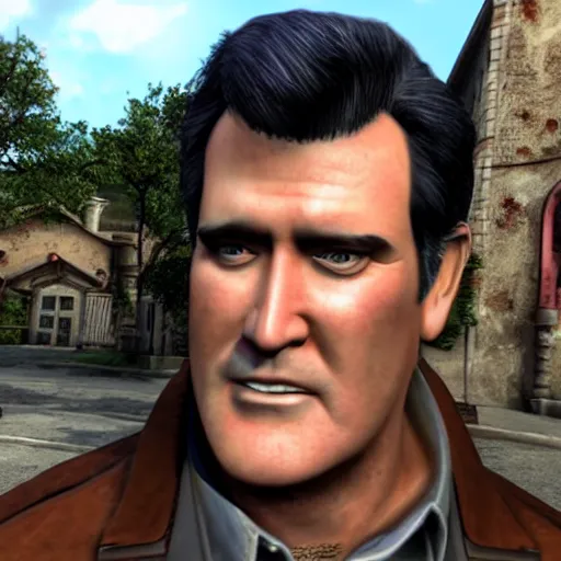 Image similar to a screenshot of bruce campbell in resident evil village. 3 d rendering. unreal engine. amazing likeness. very detailed. cartoon caricature