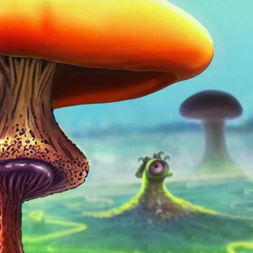 Image similar to A close up portrait of a dignified psychedelic godlike anthropomorphic frog smoking an anime blunt , magic mushroom village in background . award winning. superb resolution. in the art style of junji Ito and greg rutkowski . Detailed Mushroom city in background. Hyper realistic anime. Perfect art. Dalle2