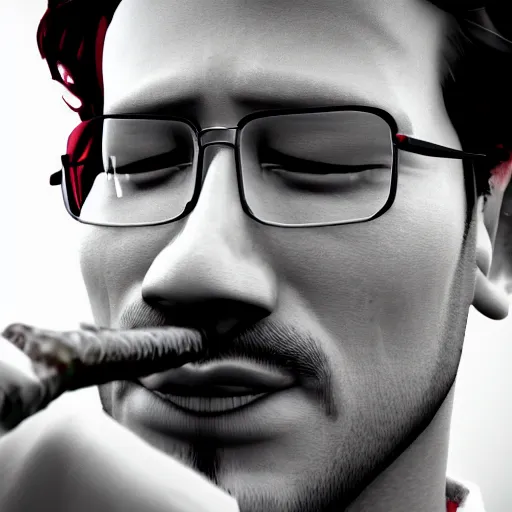 Image similar to a closeup photo of handsome gigachad markiplier smoking a cigar, 8k photorealism, extremly detailed, trending on artstation