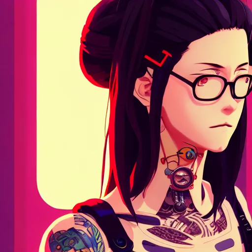 Image similar to portrait of a cyberpunk tattooed barmaid, anime, artstation, anime style, elegant, highly detailed, digital painting, concept art, smooth, sharp focus, illustration, art by studio ghibli, fujita goro, atey ghailan, tom whalen, jean giraud 8 k