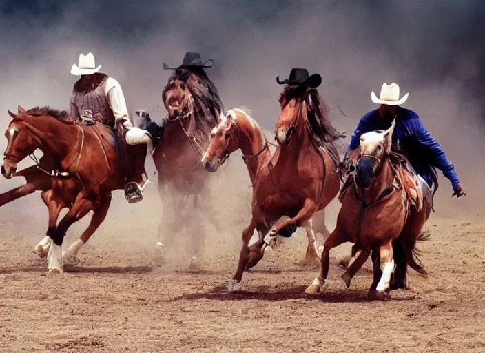 Image similar to a cowboy horse chase vigilantes with face masks disguise, shoot out, exploding horse wide shot, from the hit 1 9 9 0 s tv show on tnt