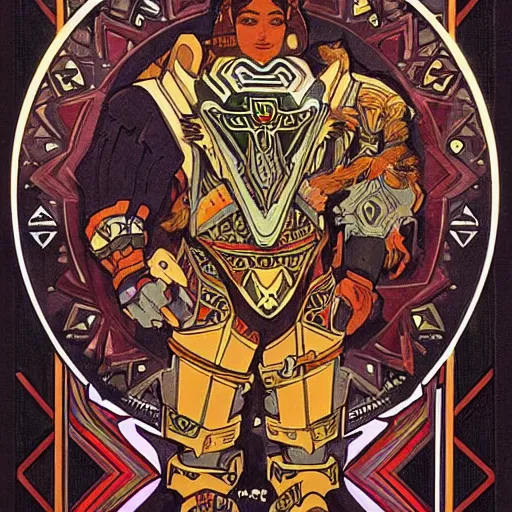 Prompt: aztec power armor, by alphonse mucha