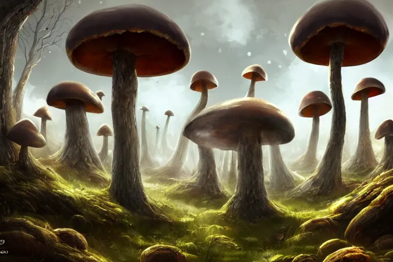 Image similar to giant mushroom forest in the style of Tuomas Korpi concept art, 4K, UHD, High quality, Trending on Artstation HQ