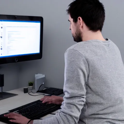 Image similar to a programmer sitting in front of a grey computer screen, with grey walls, grey clothes, and a grey light.