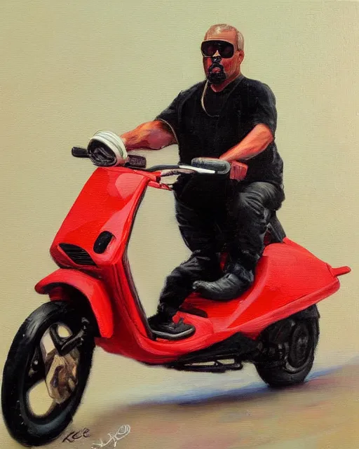 Image similar to kayne riding moped, aged oil painting by le pho