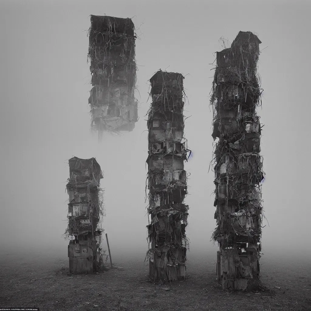 Image similar to two towers, made up of makeshift squatter shacks, uneven dense fog, dystopia, mamiya, fully frontal view, photographed by jeanette hagglund