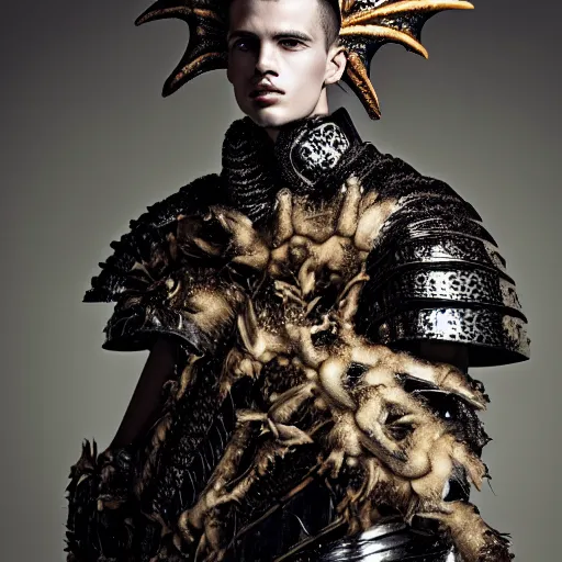 Prompt: a portrait of a beautiful young male wearing an alexander mcqueen armor made of dragon skin , photographed by andrew thomas huang, artistic