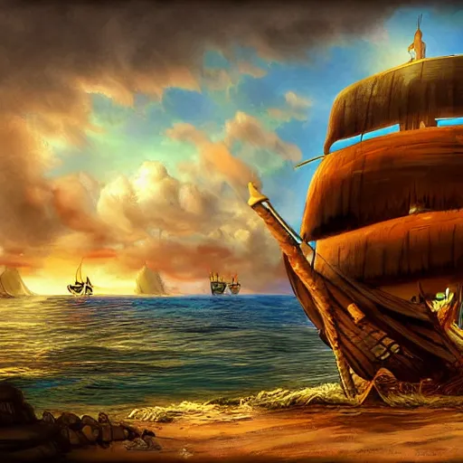 Image similar to a pirate ship near shore, by Bill Tiller, game concept art, colorful