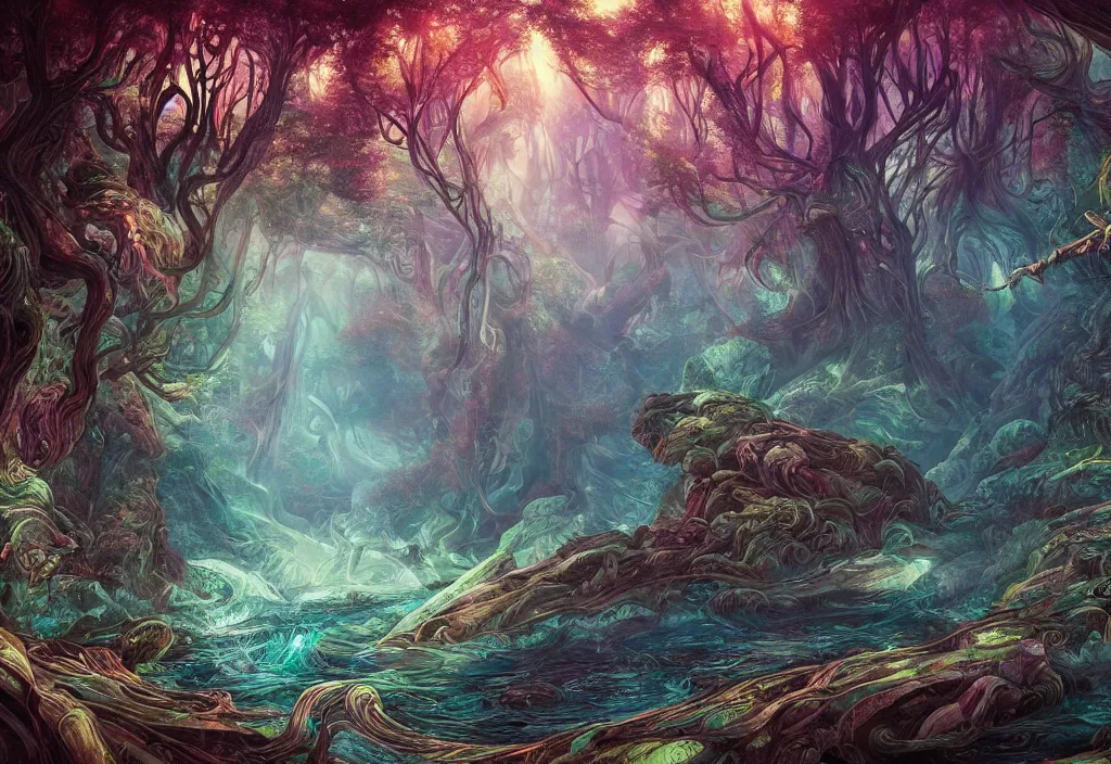 Prompt: mythical fantasy forest, flowing river, artwork by android jones and loish, smooth lighting, wallpaper