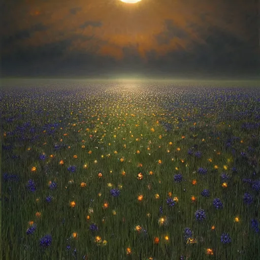 Image similar to field of flowers at night, lit by moonlight, landscape art by donato giancola and greg rutkowski, digital art, trending on artstation, symmetry!!, volumetric lighting