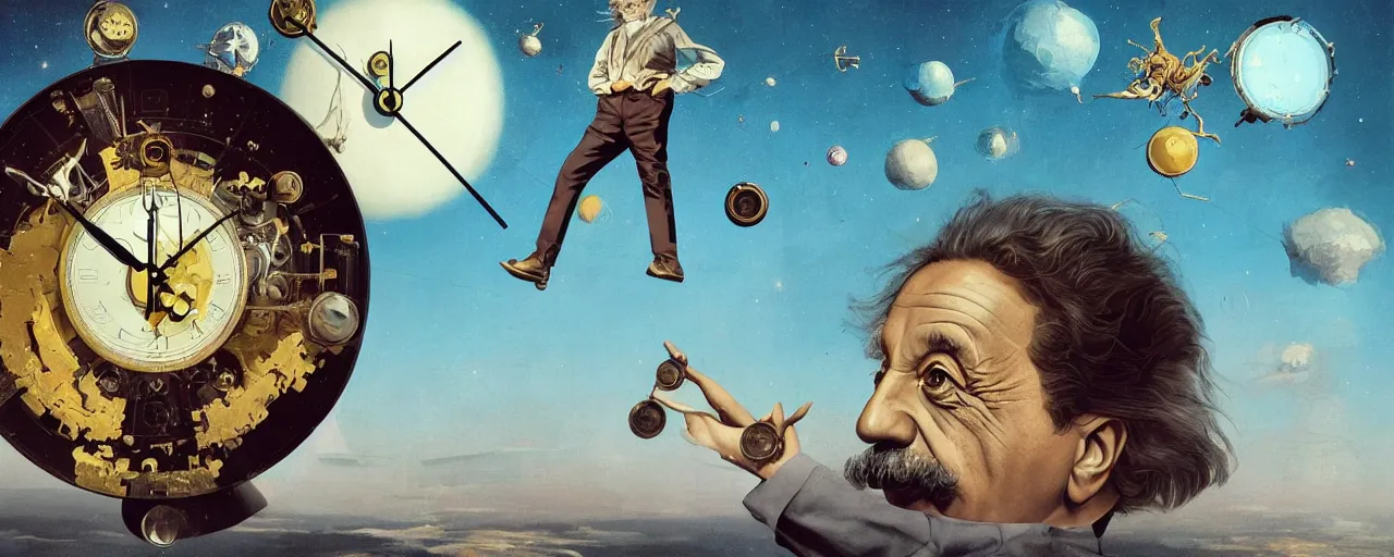 Image similar to duotone surrealist illustration 3 / 4 portrait of albert einstein measuring time on salvadore dali clock in outer space. golden ratio accidental renaissance. by sachin teng and sergey kolesov and ruan jia and heng z. graffiti art, scifi, fantasy, hyper detailed. octane render. concept art. trending on artstation