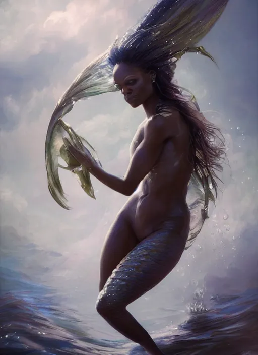 Image similar to dramatic upper body portrait of Zoe Saldana as a dark-skinned la sirene Haitian mermaid goddess by Ruan Jia and Mandy Jurgens and Artgerm and william-adolphe bouguerea, underwater, white sheer fabric, white lilies, shells, mirrors, marvel comics, intricate, highly detailed, smooth, artstation, digital illustration by julie bell and Ruan Jia and Mandy Jurgens and Artgerm and William Adolphe Bouguereau and John Collier and Greg Rutkowski and Frank Frazetta