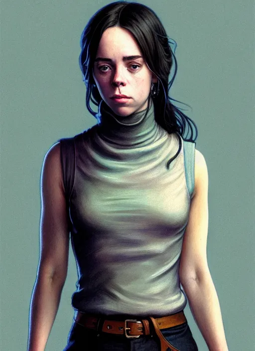 Image similar to portrait of a full body of beautiful young female detective, d & d, sleeveless turtleneck, fantasy, flat lighting, intricate, highly detailed, digital painting, artstation, concept art, smooth, sharp focus, illustration, billie eilish, art by simon bisley and greg rutkowski and alphonse mucha, natural tpose