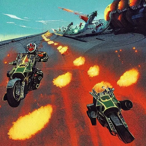 Image similar to motorbikers race in hell, art by chris foss, john harris, beeple, wayne barlowe