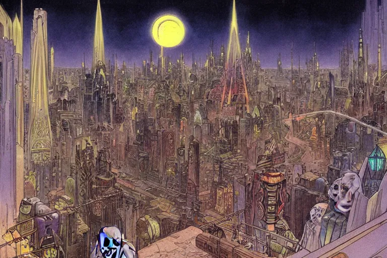 Prompt: fantasy illustration, Night City on Coruscant by m w kaluta