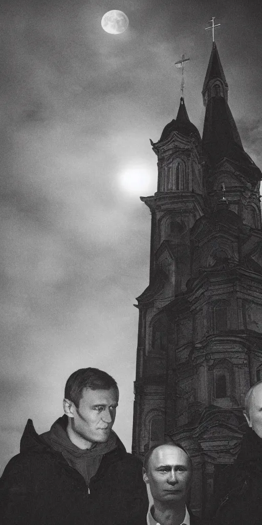 Prompt: alexei navalny with vladimir putin together, dark gloomy church, midnight, moon, film, horror, thunder sky, rain, sadness, depression, fog, darkness