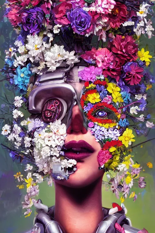 Prompt: a painting of a robot with flowers in his face, a cyberpunk portrait by Vladimir Tretchikoff, cgsociety, panfuturism, made of flowers, cryengine, prerendered graphics