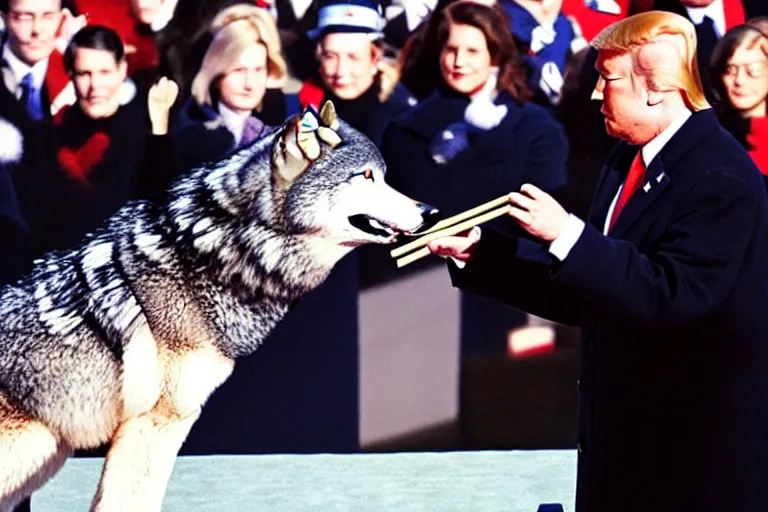 Image similar to photo of the usa presidential inauguration, a wolf fursuiter being inaugurated as president