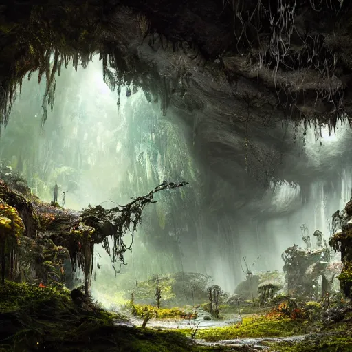 Prompt: photo an overgrown deep underground cave on another world embellished with a lush overgrown jungle of beautiful ancient alien trees, alien elvish cave village, scattered complex ancient monoliths emitting cosmic astral energy, nebula fog and cosmic mist, 4 k rtx hdr volume light concept studio matte painting environment octane, ue 5, photorealistic render trending on artstation by eytan zana