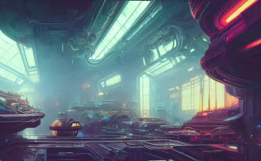 Prompt: Neoclassical high tech space ship repair place, illustrated by Greg Rutkowski and Gaston Bussiere, 35mm lens, beautiful macro close-up imagery, vibrantly lush neon lighting, beautiful volumetric-lighting-style atmosphere, a futuristic atmosphere, intricate, detailed, photorealistic imagery, trending on artstation, 4k, 8k