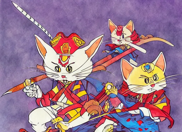 Prompt: samurai pizza cats, ink and watercolor illustration masterpiece, perfectly realistic yet surreal, by ryan ottley and mœbius