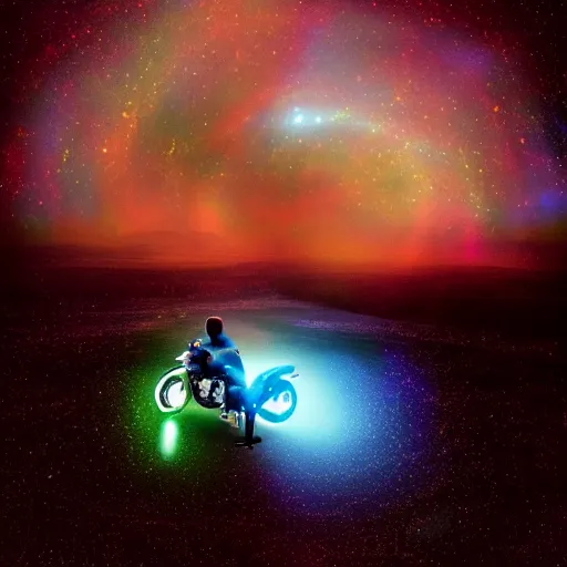 Prompt: photograph of a motorcycle floating in space inside magic colorful glowing fog, starry sky, tranquil, desolate, atmospheric, hazy, autochrome