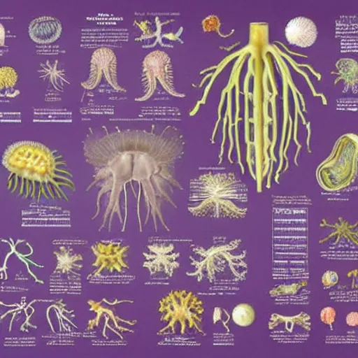 Prompt: an anatomy chart that labels the parts of a new kind of cnidarian that has mysterious organs was recently discovered by scientists in the deep sea