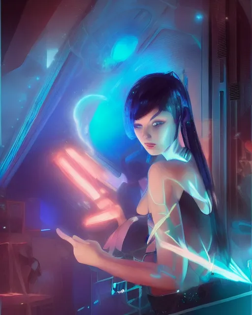 Image similar to pretty girl with blue hair, dj girl, in a club, laser lights background, sharp focus, digital painting, 8 k, concept art, art by wlop, artgerm, greg rutkowski and alphonse mucha