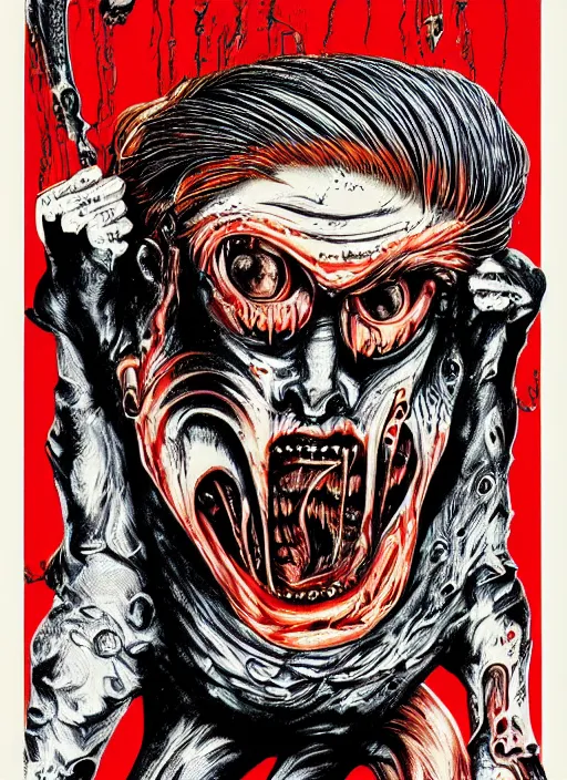 Prompt: Donald Trump's true form on a 1990s body horror movie poster, inking, vintage 90s print, detailed, scary, horror, screen print, trending on artstation