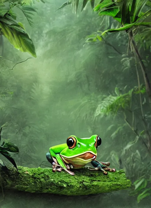 Image similar to a beautiful matte painting of a green frog in the jungle, kambo