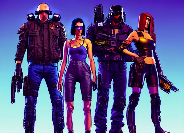 Image similar to cyberpunk cartel kill squad. portrait by stonehouse and mœbius and will eisner and gil elvgren and pixar. character design. realistic proportions. cyberpunk 2 0 7 7 character art, blade runner 2 0 4 9 concept art. cel shading. attractive face. thick lines. the team. diverse characters. shadowrun. artstationhq.