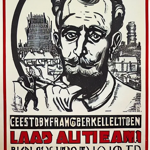 Image similar to 1 9 0 8 capitalism propaganda poster, black and white engraving on antique yellowed paper, with red ink used for emphasis, eastern european look, serious face of leader in the middle of poster, with intricate imagery of buildings and factories and laborers in the background