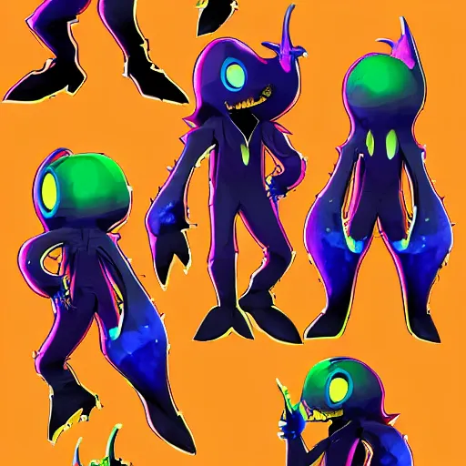 Image similar to character design sheets for a new vampire squid character, artwork in the style of splatoon from nintendo, art by tim schafer from double fine studios, black light, neon, spray paint, punk outfit, tall thin toothpick like frame adult character, fully clothed, gothic, colorful, sparkles and glitter