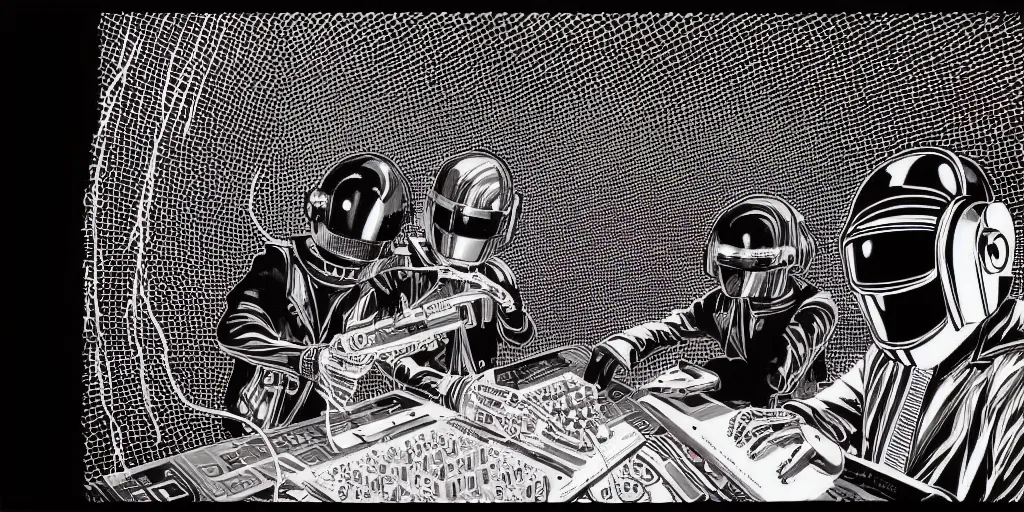 Image similar to intricate detailed artwork of Daft Punk using dj controller at an underground warehouse rave in Ibiza playing techno house music, housands of beautiful gorgeous female dancing in bikini, in the style of Moebius, wires, speakers, black and white ink, some ink drips