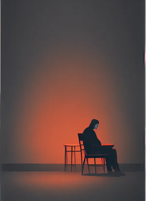 Prompt: (((habitat 67 on fire))), portrait of a lone man sitting in a chair, Mads Berg, Karolis Strautniekas, James Yang, Brutalism, Constructivist, film noir, stippled light, dramatic lighting,editorial illustration, detailed, matte print, dark orange black white red