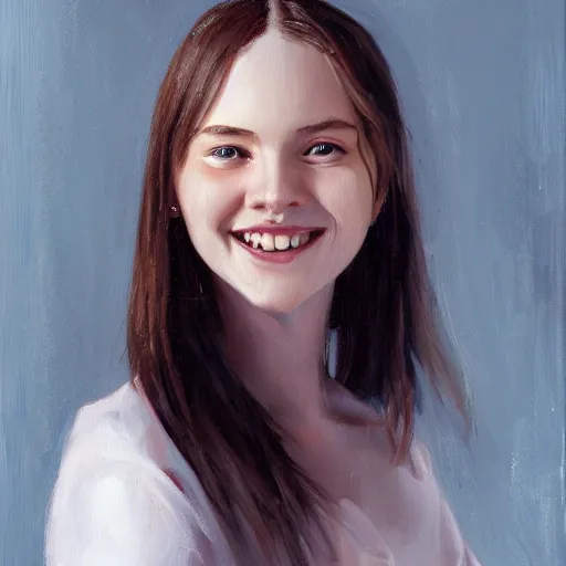 Image similar to portrait painting of woman from scandinavia, 2 0, years old, daz, occlusion, smiling and looking directly, brushstrokes, white background, art