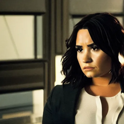 Image similar to close-up of Demi Lovato as a detective in a movie directed by Christopher Nolan, movie still frame, promotional image, imax 70 mm footage