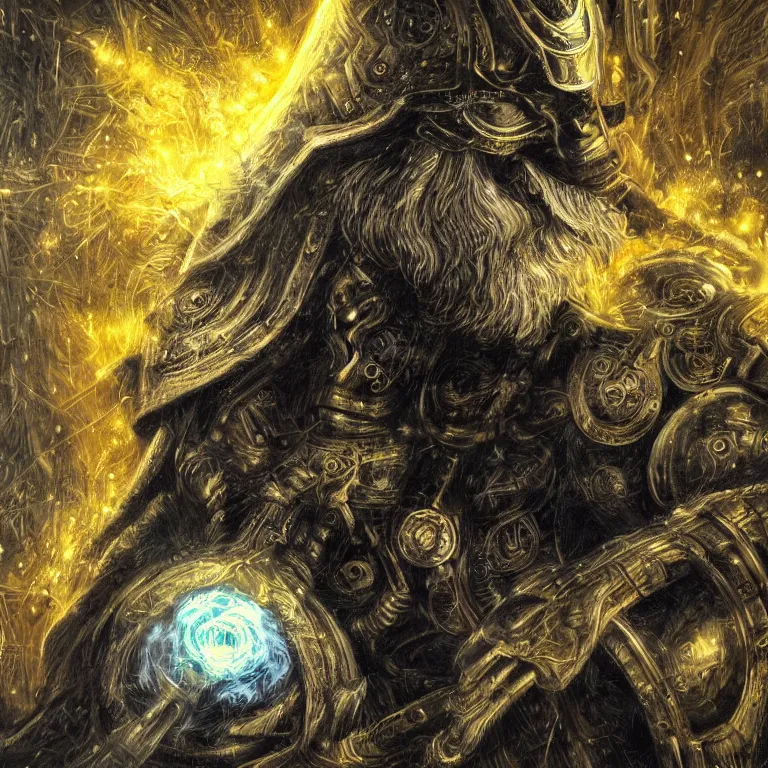 Image similar to mythological Odin all father god of thunder and artificial intelligence creating an artificial neural network with dark yellow synapses on an anvil, high resolution, award winning art, trending on art station, sharp image, incredibly detailed, odin all father detailed character realistic painting, dark background